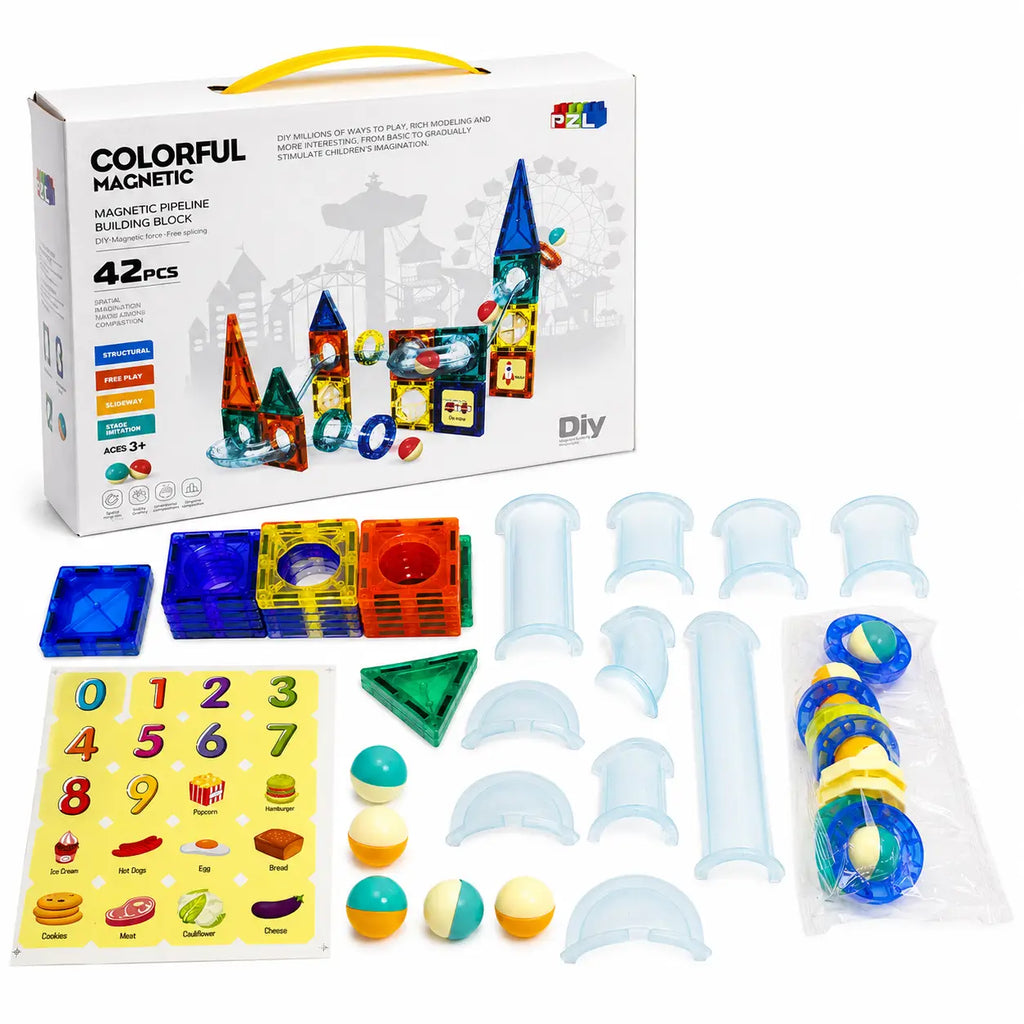Complete Colorful Magnetic Pipeline Building Blocks 42 PCS set with box, tracks, magnetic pieces, balls and stickers.