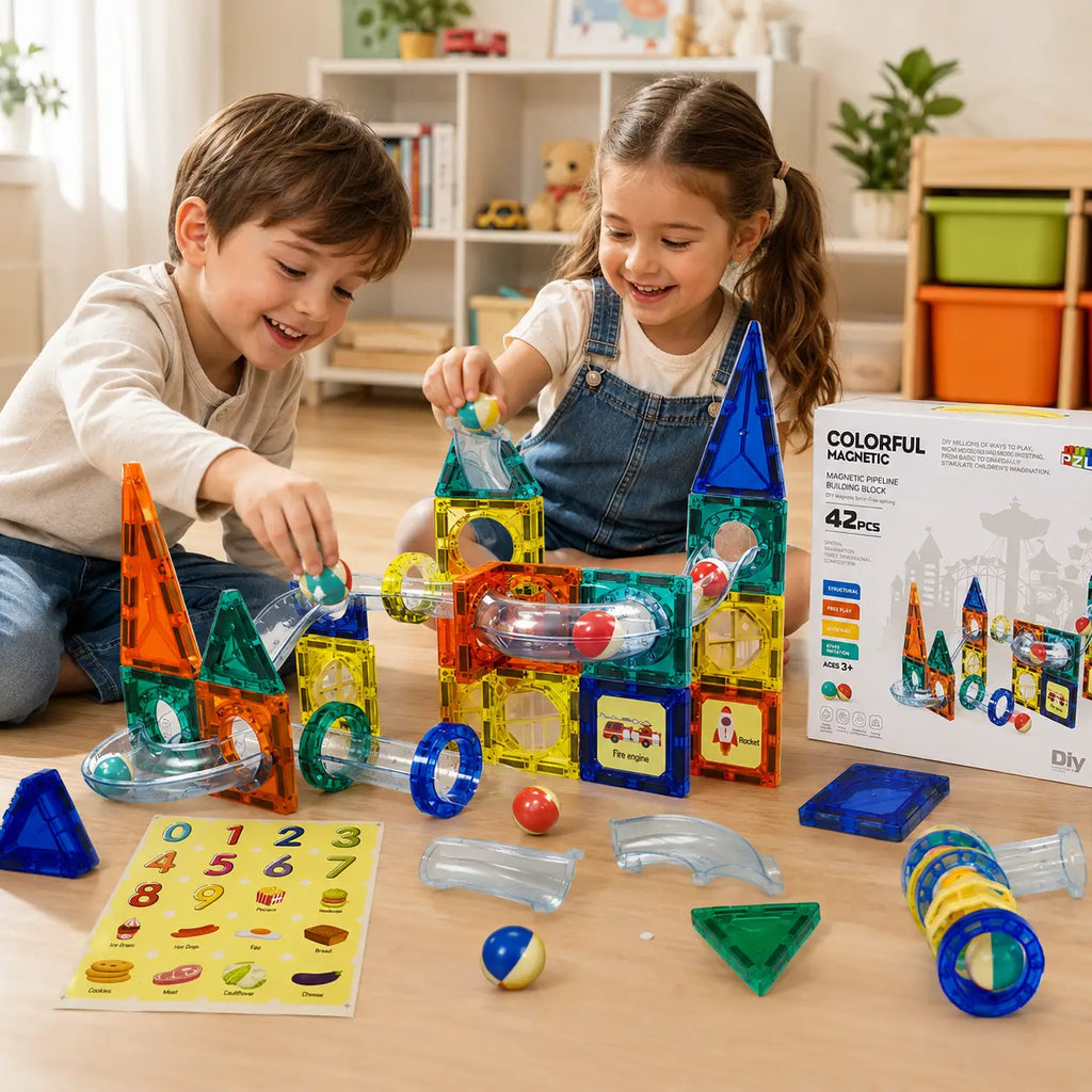 Two children playing with Colorful Magnetic Pipeline Building Blocks 42 PCS ball track construction toy.