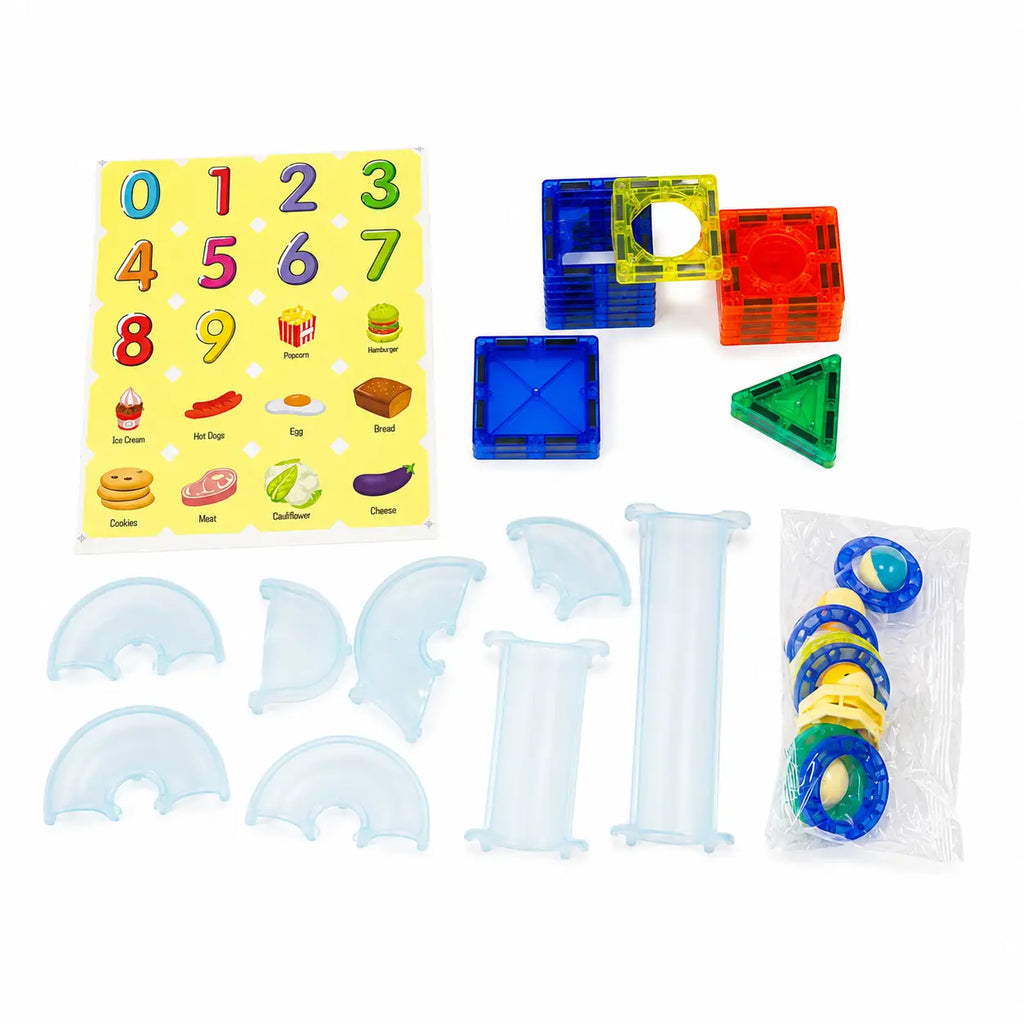 Magnetic pipeline building block pieces with translucent tracks, colorful tiles, rings and number sticker sheet.