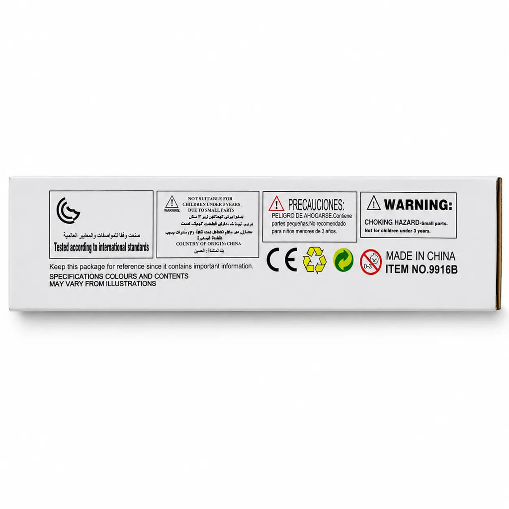 Safety warning and product information panel for Colorful Magnetic Pipeline Building Blocks 42 PCS toy.