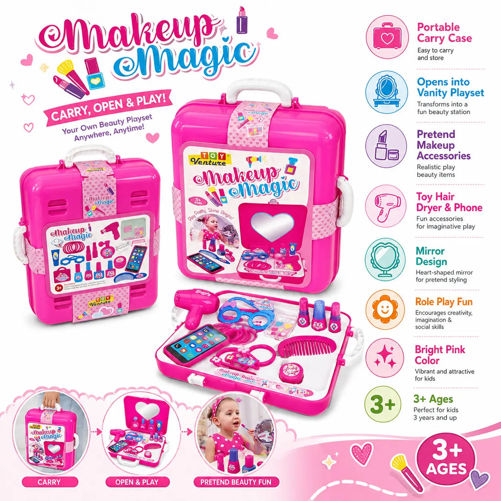 Makeup Magic kids beauty playset features showing portable carry case mirror and pretend styling accessories