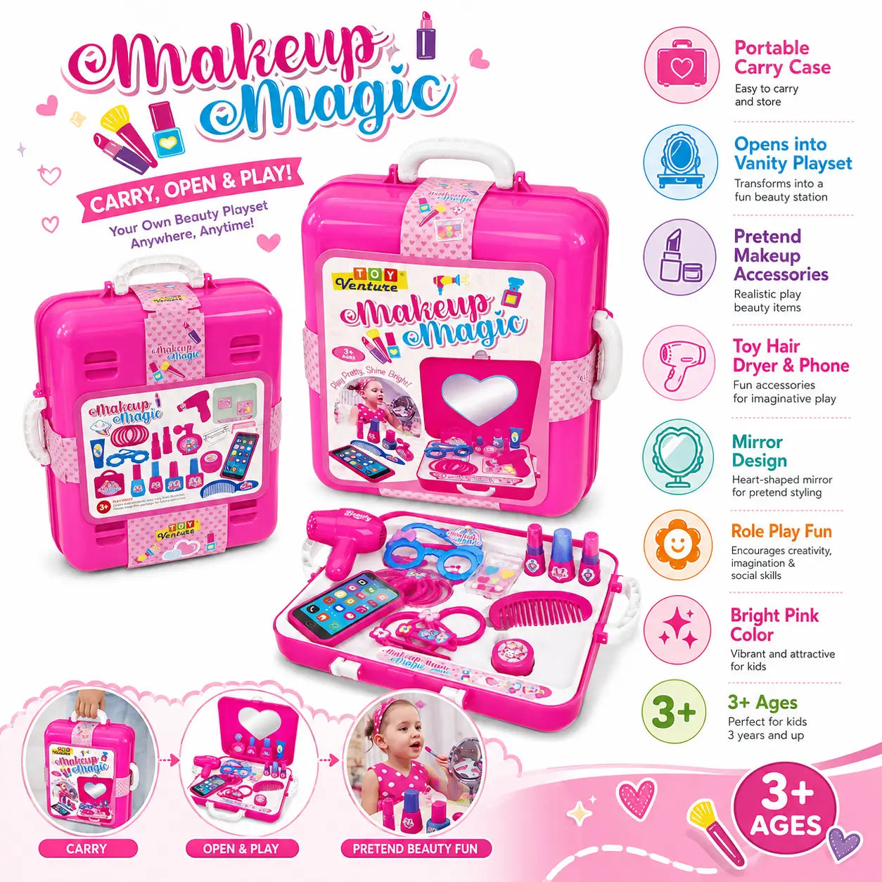 Makeup Magic kids beauty playset features showing portable carry case mirror and pretend styling accessories