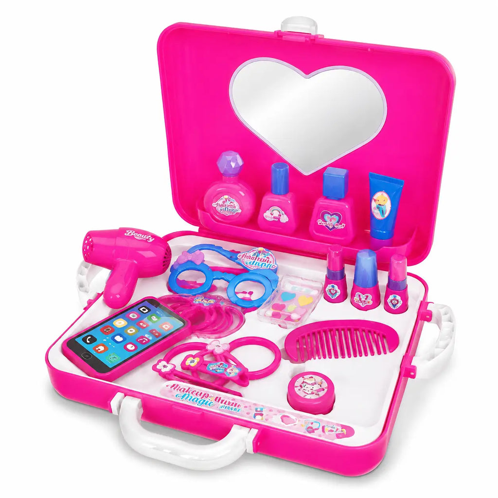 Open pink Makeup Magic beauty carry case with heart mirror toy hair dryer phone comb glasses and accessories