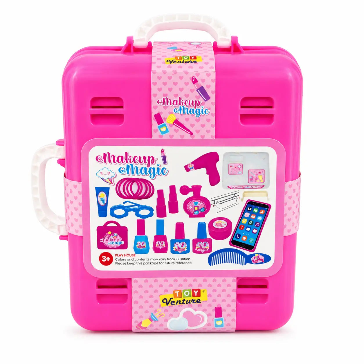 Back view of Makeup Magic pink beauty carry case showing included pretend makeup and styling accessories