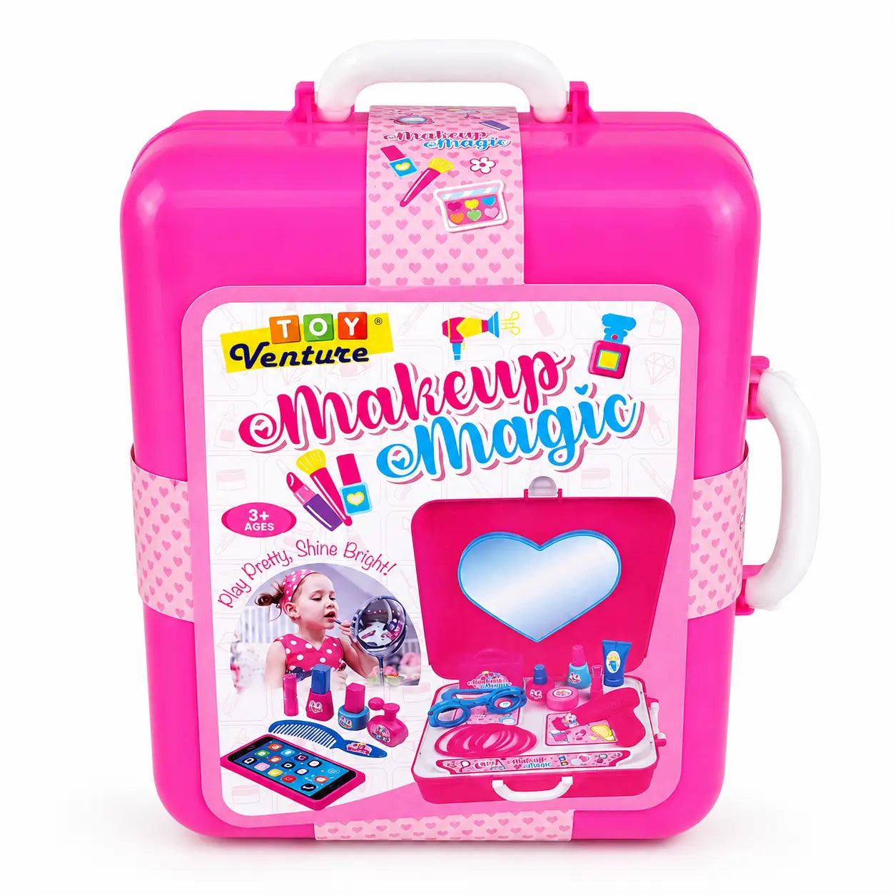 Toy Venture Makeup Magic pink portable beauty playset carry case front view for kids age 3 plus
