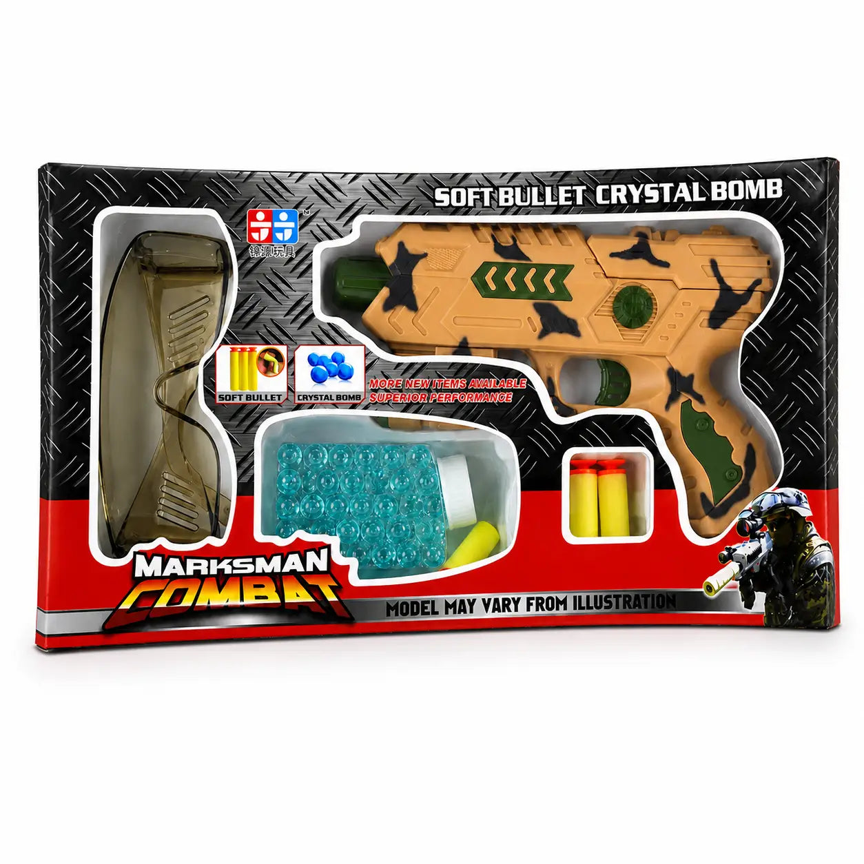 Marksman Combat soft bullet and crystal bead toy gun set displayed inside its retail packaging
