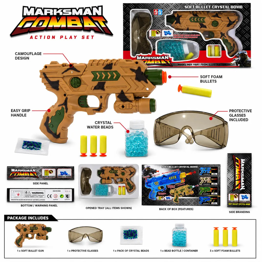 Marksman Combat toy gun features showing camouflage design, foam darts, crystal beads and protective glasses