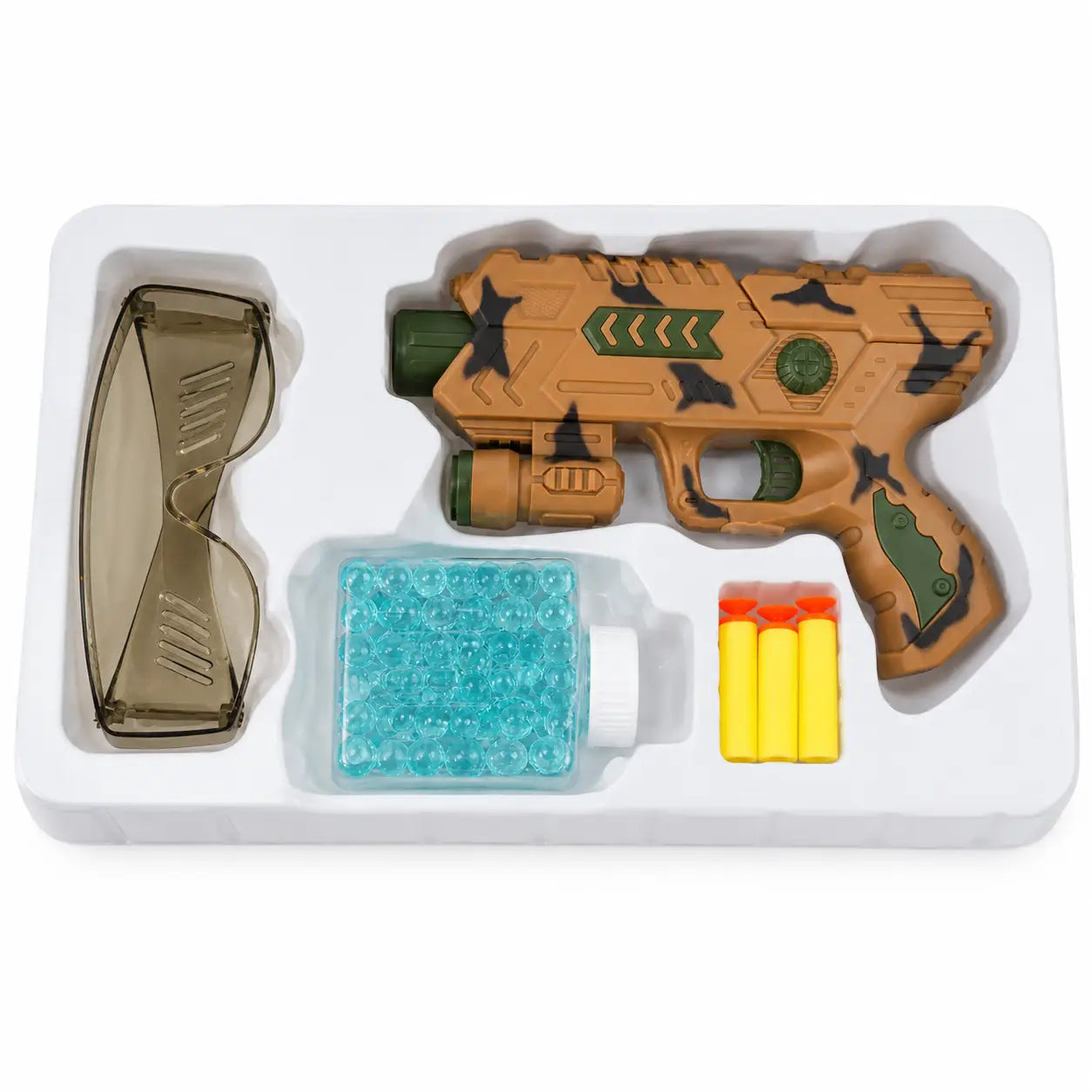 Marksman soft bullet toy gun set arranged in a tray with glasses, foam darts, bottle and crystal water beads