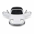 White Mazda MX-5 model car with both doors open and front lights illuminated