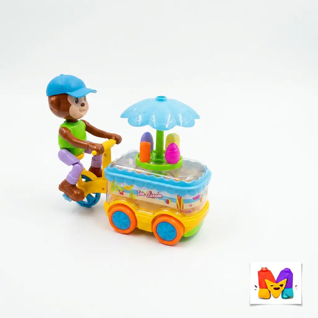 A colorful plastic toy ice cream cart with a small monkey figure riding a yellow toy bike behind it. The cart has a blue umbrella, multicolored ice cream cones, and blue, orange, and yellow wheels, photographed on a clean white background.
