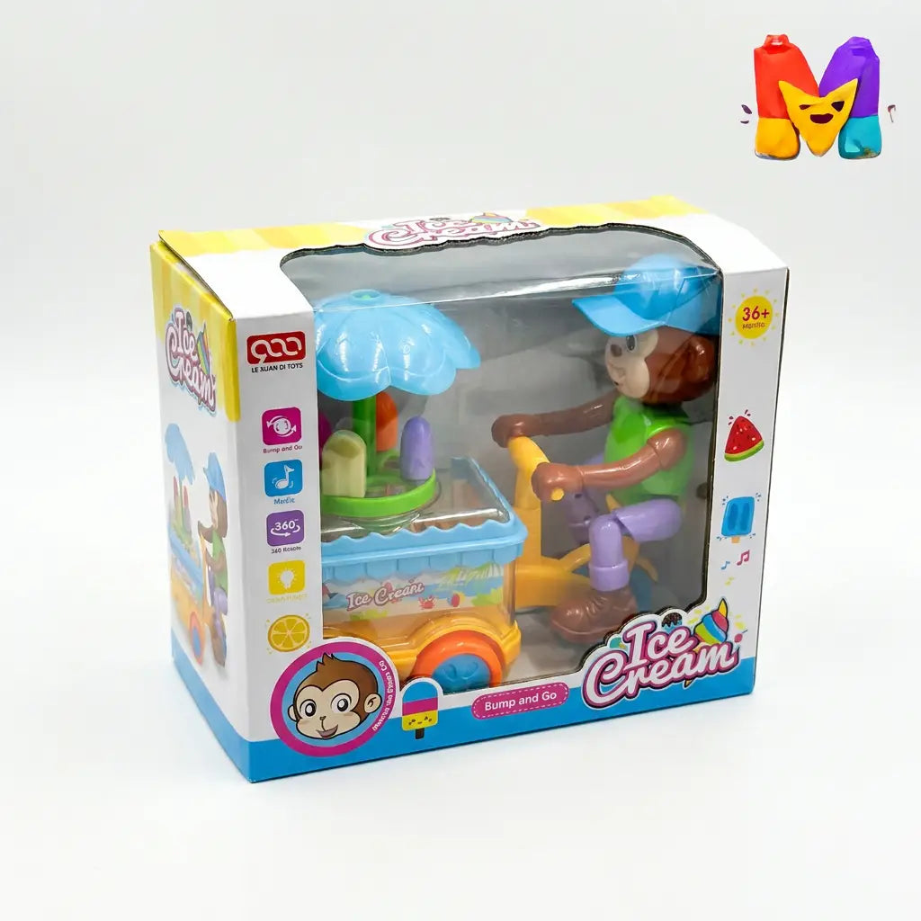 A boxed children's toy set labeled 'Ice Cream' shown on a white studio background. The package contains a small monkey figure wearing a blue cap and green shirt, riding a yellow ride-on cart with a blue umbrella and ice cream-themed details visible through the clear front window.