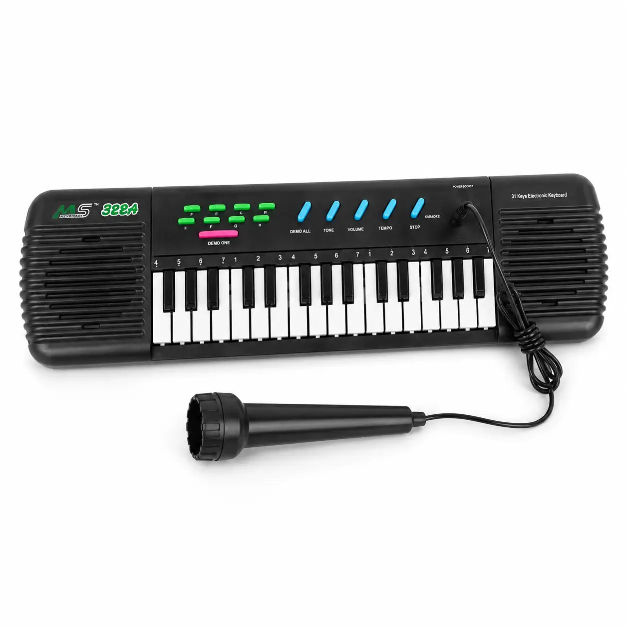 MS-322A black 31-key electronic keyboard with wired microphone front view