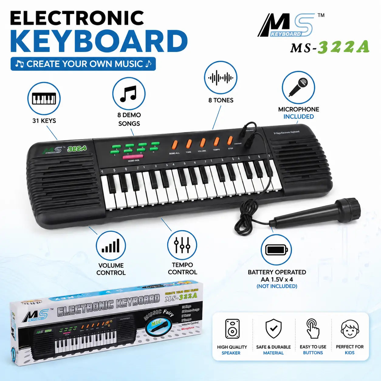 MS-322A kids electronic keyboard features including 31 keys, microphone, tones and controls