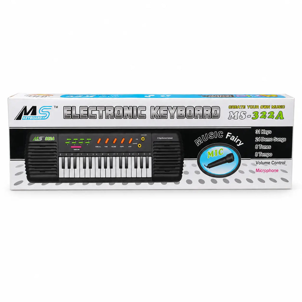 MS-322A 31-key electronic keyboard with microphone retail packaging front view