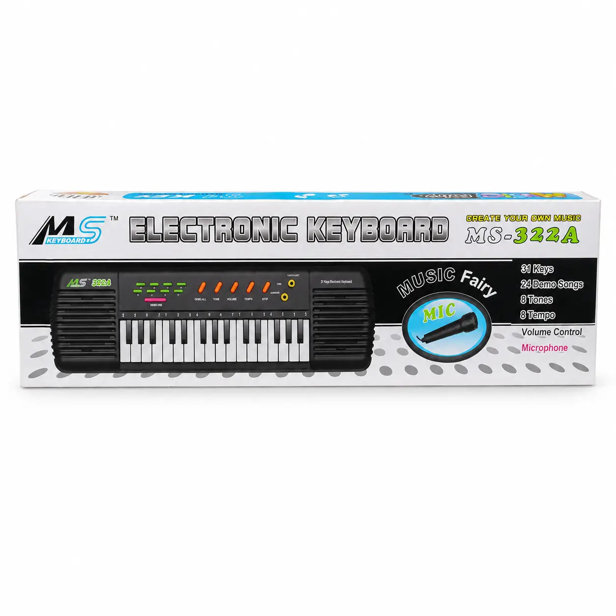 MS-322A 31-key electronic keyboard with microphone retail packaging front view