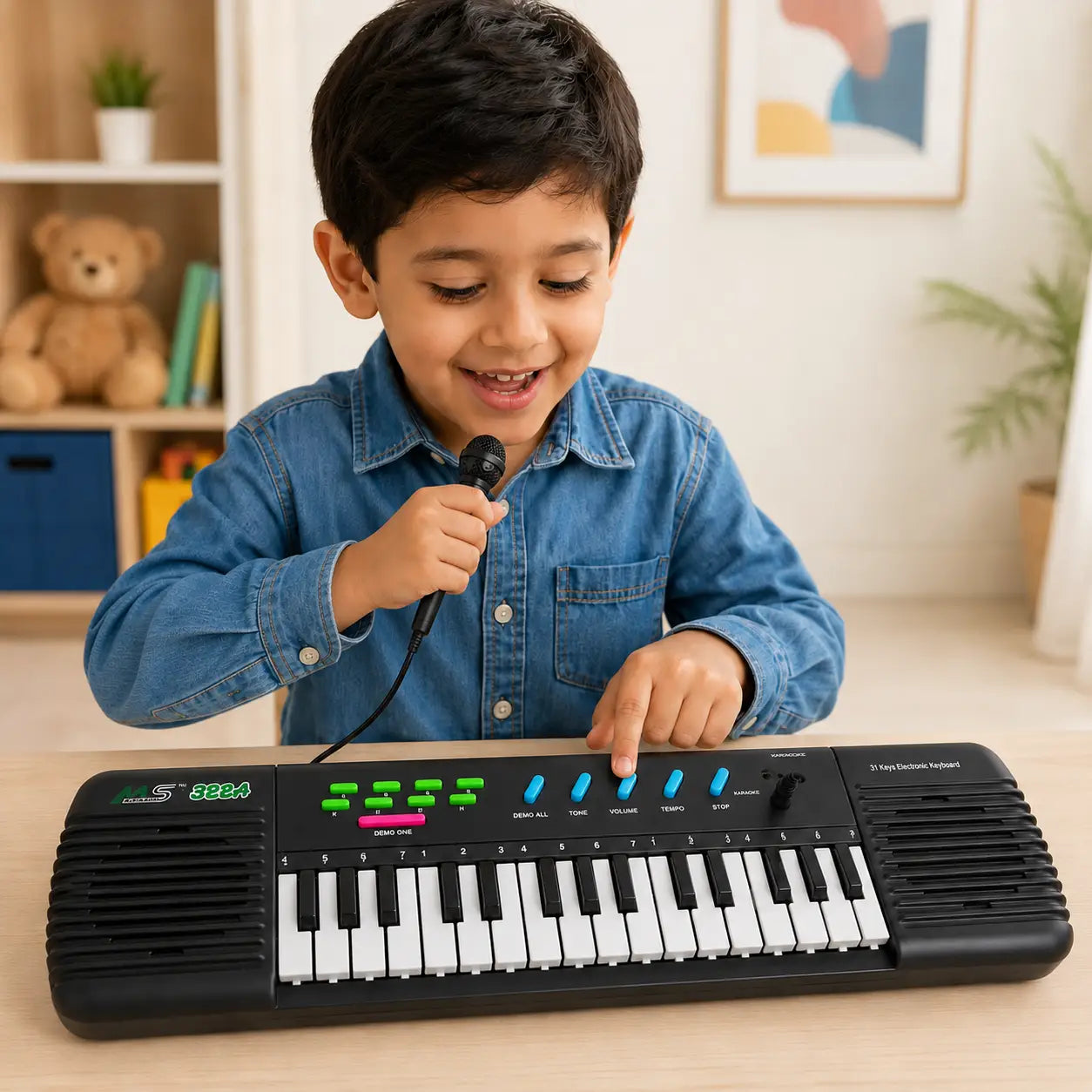 Child playing MS-322A 31-key electronic keyboard and singing with included microphone