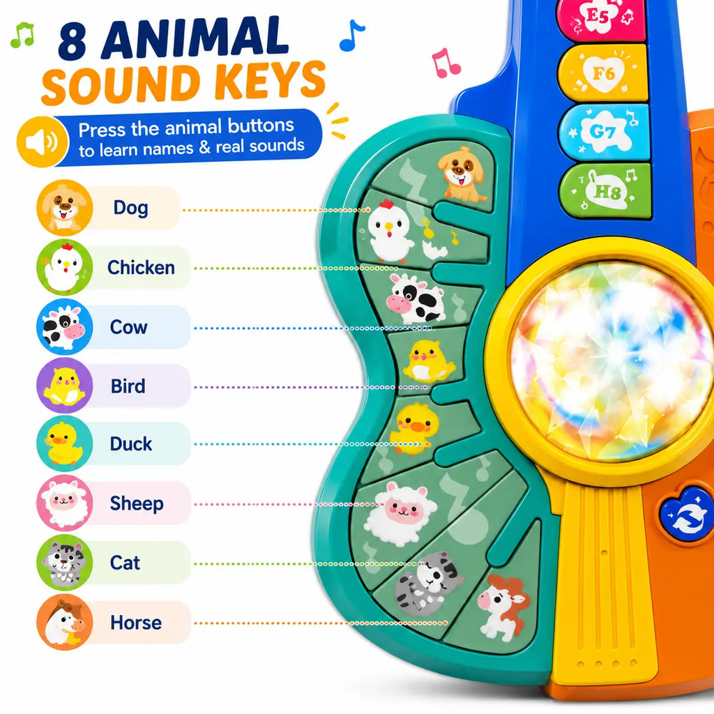 An educational toy animal sound key guitar for toddlers, featuring colorful animal buttons, a magnifying glass with a starry light, and a side label pointing out the eight animal sound keys: Dog, Chicken, Cow, Bird, Duck, Sheep, Cat, and Horse.