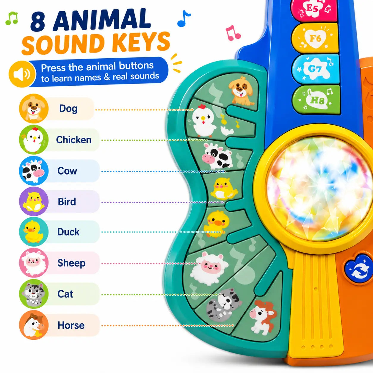 An educational toy animal sound key guitar for toddlers, featuring colorful animal buttons, a magnifying glass with a starry light, and a side label pointing out the eight animal sound keys: Dog, Chicken, Cow, Bird, Duck, Sheep, Cat, and Horse.