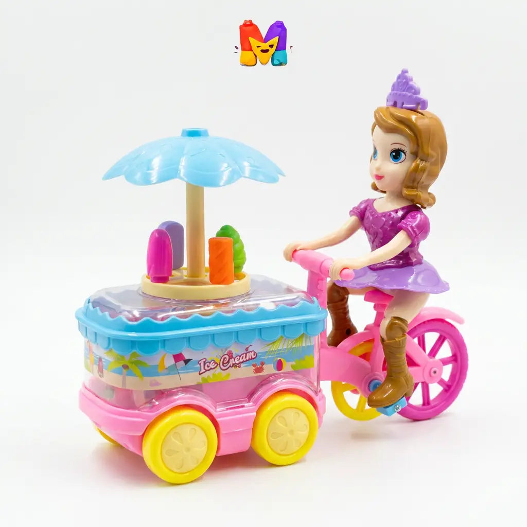 A toy princess riding a pink and purple bicycle with an ice cream cart attached. The doll has brown hair, a purple dress, and a purple crown, while the cart is decorated with a blue umbrella and colorful ice cream cones.