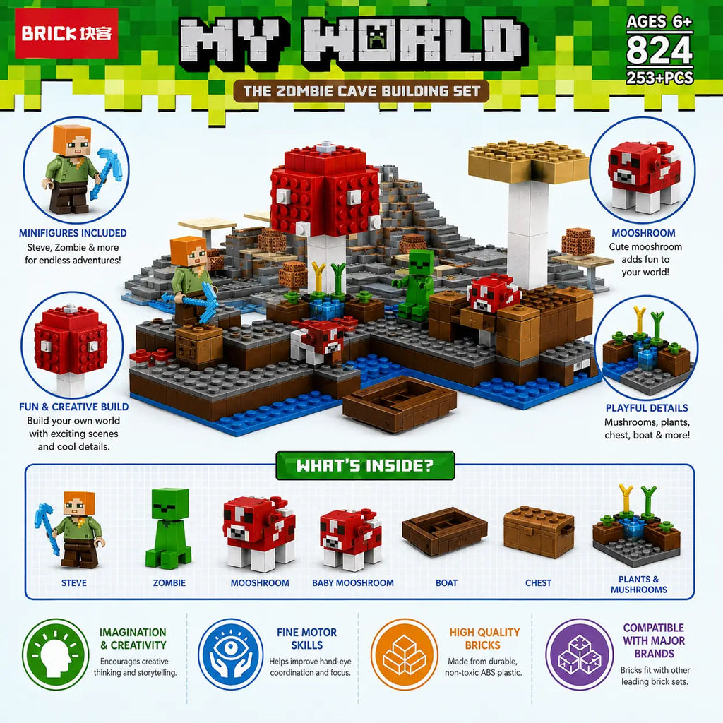 My World 824 252+ piece building blocks set showing characters, mushroom structures, animals, boat and creative play accessories