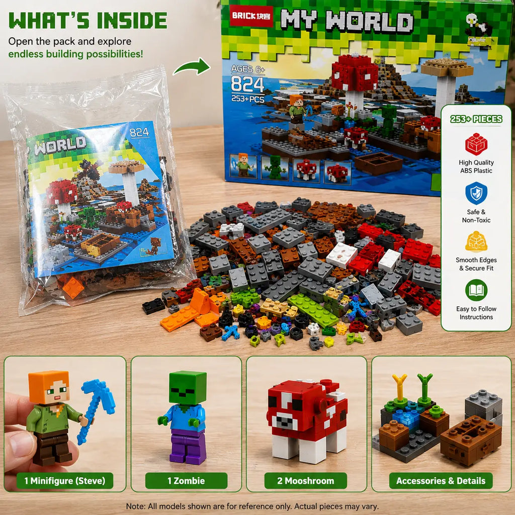 My World 824 building blocks 252+ piece set shown with opened block packet, accessories and product box for kids 6+