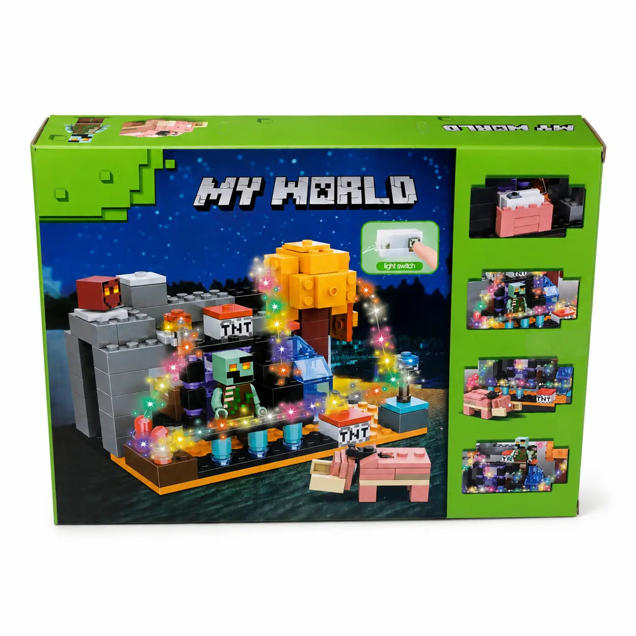 Back view of MY WORLD 44131 kids light-up building block set showing completed construction and play features