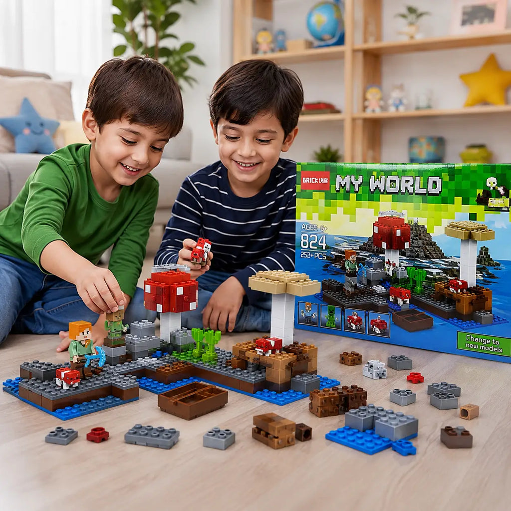 Two children are happily building a Minecraft-style scene with small blocks and minifigures on a light wood floor, with the product box visible behind them in a bright room.