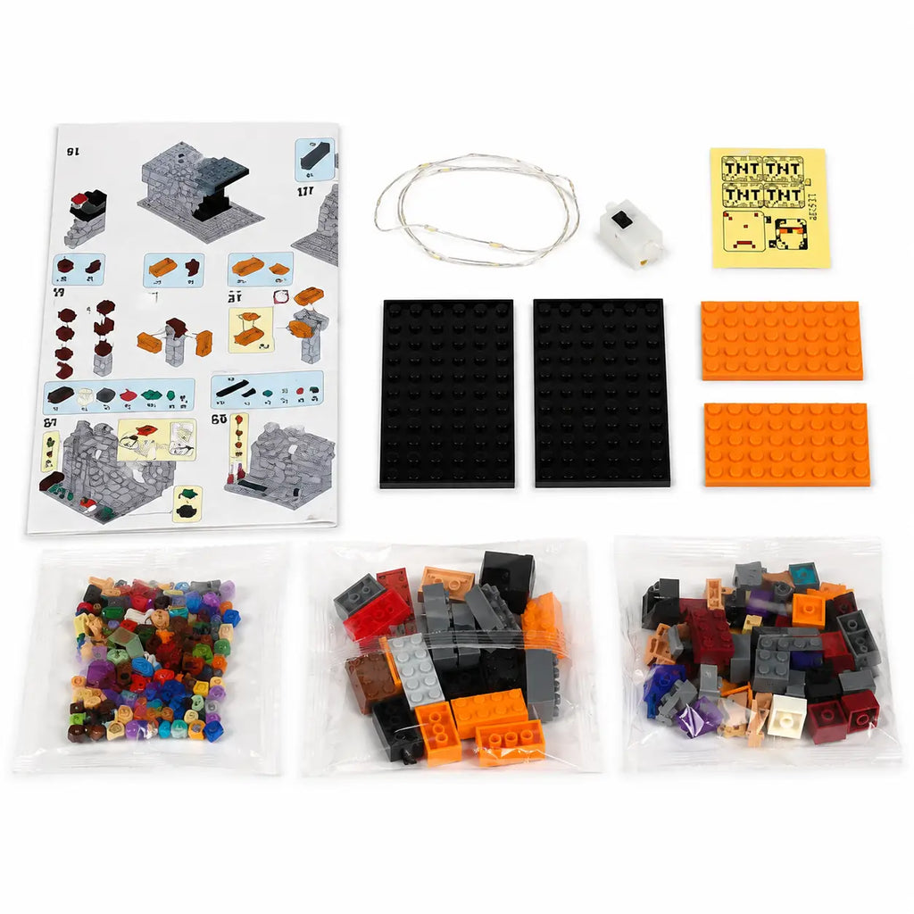MY WORLD building blocks package contents with construction pieces, base plates, instruction sheet, stickers and light string
