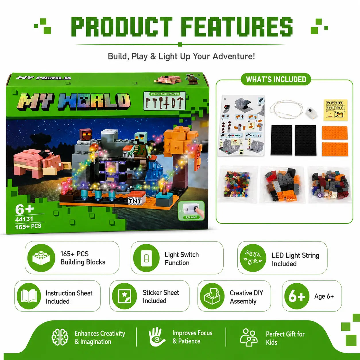 MY WORLD 165+ PCS building blocks feature infographic showing light switch, LED string, instructions and accessories