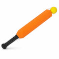 Orange kids foam cricket bat with black handle and yellow ball in mesh packaging on white background.