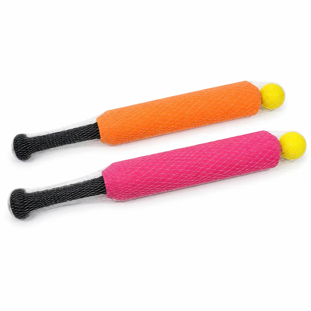 Orange and pink kids foam cricket bat and ball colour variants displayed together on white background.