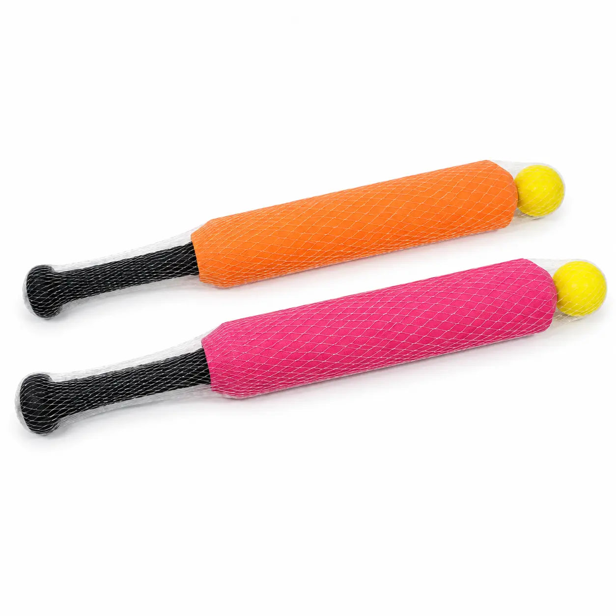 Orange and pink kids foam cricket bat and ball colour variants displayed together on white background.