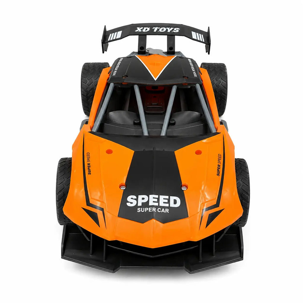 Front view of orange rechargeable RC racing car with black bonnet and wide front bumper