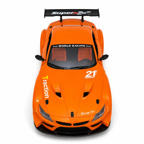 Top front view of orange RC racing sports car with racing graphics and rear spoiler