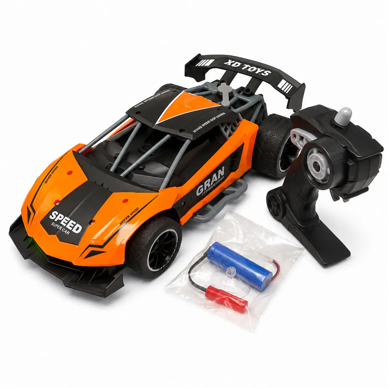 Orange rechargeable remote control racing car with controller, battery pack and charging cable
