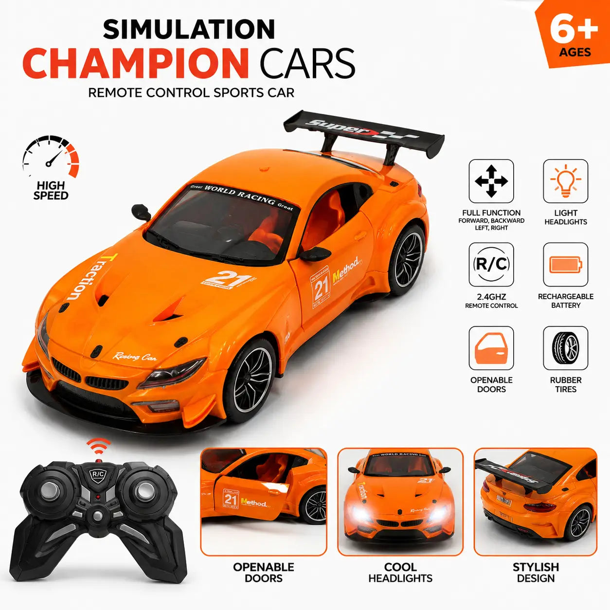 Orange 1:16 rechargeable RC sports car for kids with 2.4GHz remote control, lights and opening door features