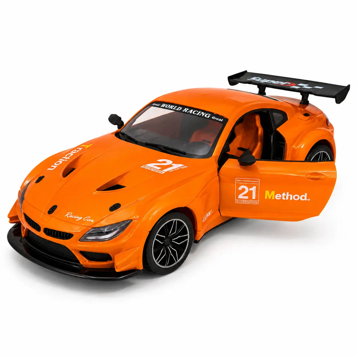 Orange 1:16 RC sports car with opening side door and detailed racing interior