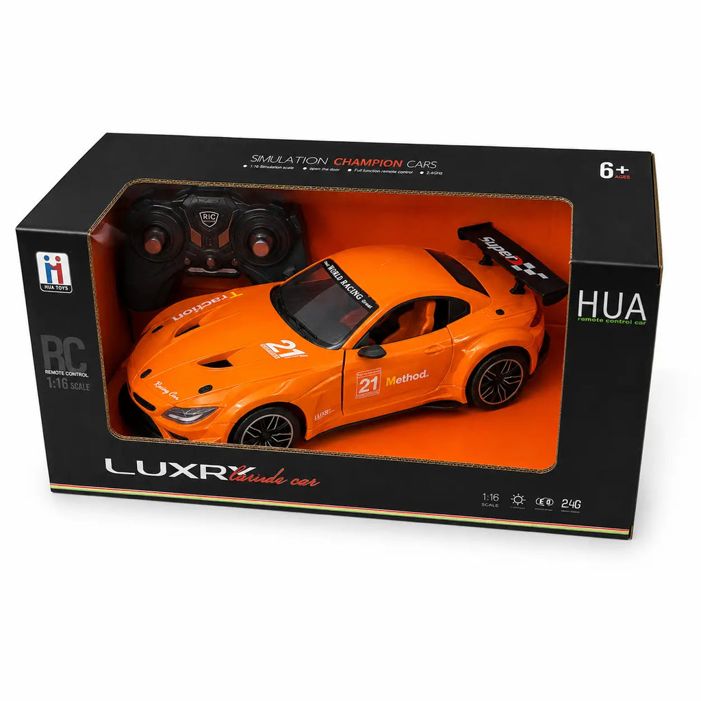 Orange rechargeable remote control sports car in retail box with included RC controller