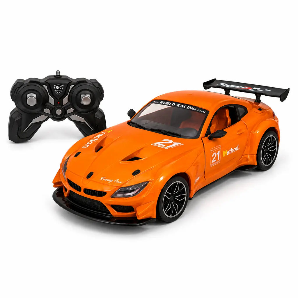 Orange remote control sports car displayed with black 2.4GHz RC controller
