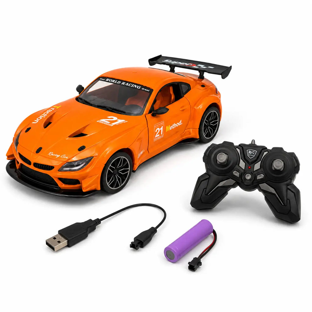Orange rechargeable RC sports car with remote controller, 3.7V battery and USB charging cable