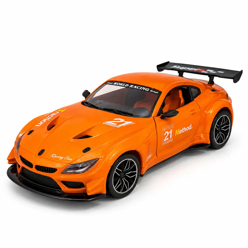 Orange rechargeable RC sports car for kids front three quarter view with black racing spoiler