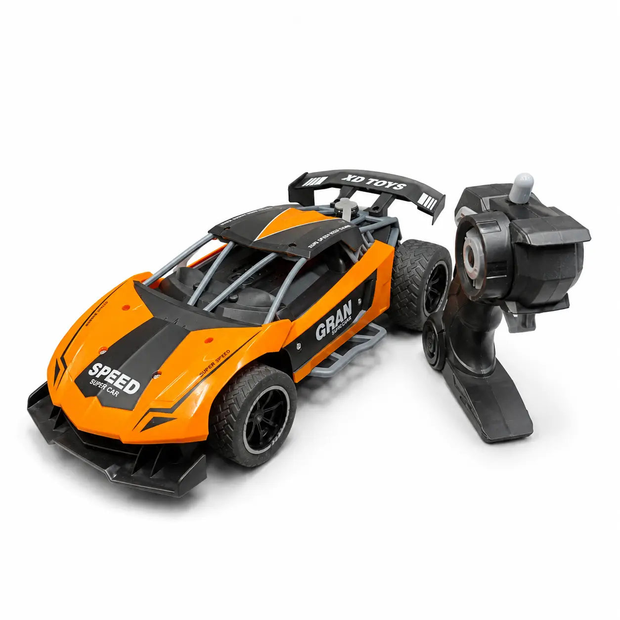 Orange remote control speed car shown from front angle with black pistol-style controller