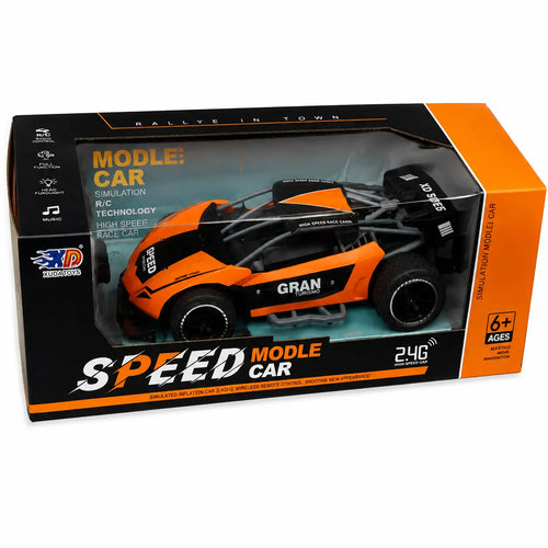 Orange 2.4GHz remote control speed racing car displayed inside its original retail box