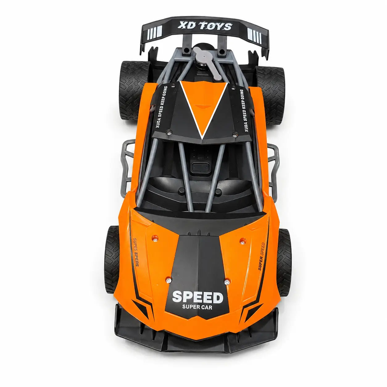Top view of orange 2.4GHz remote control speed racing car with black spoiler and textured tyres