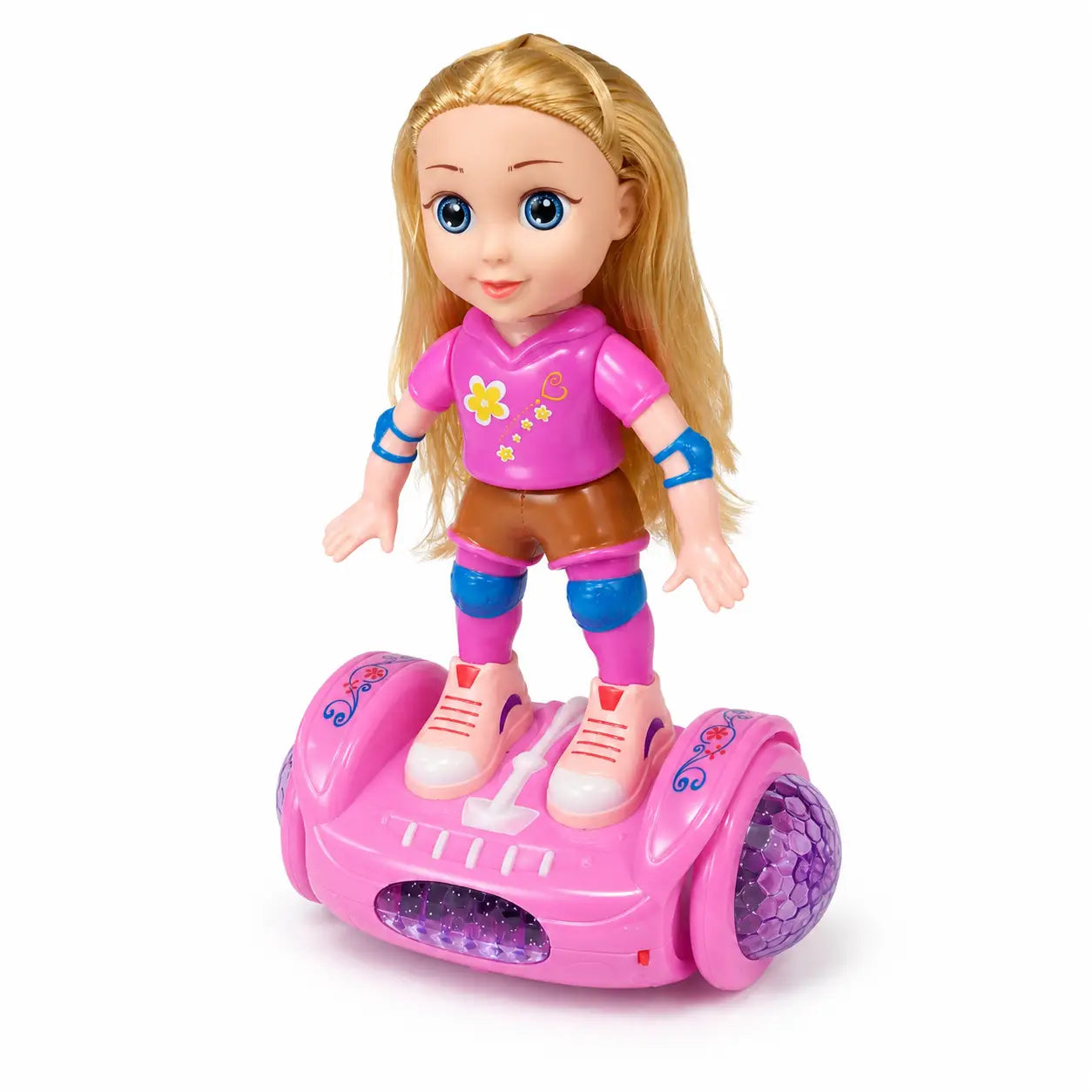 Pink battery operated doll balance car toy shown from three quarter angle