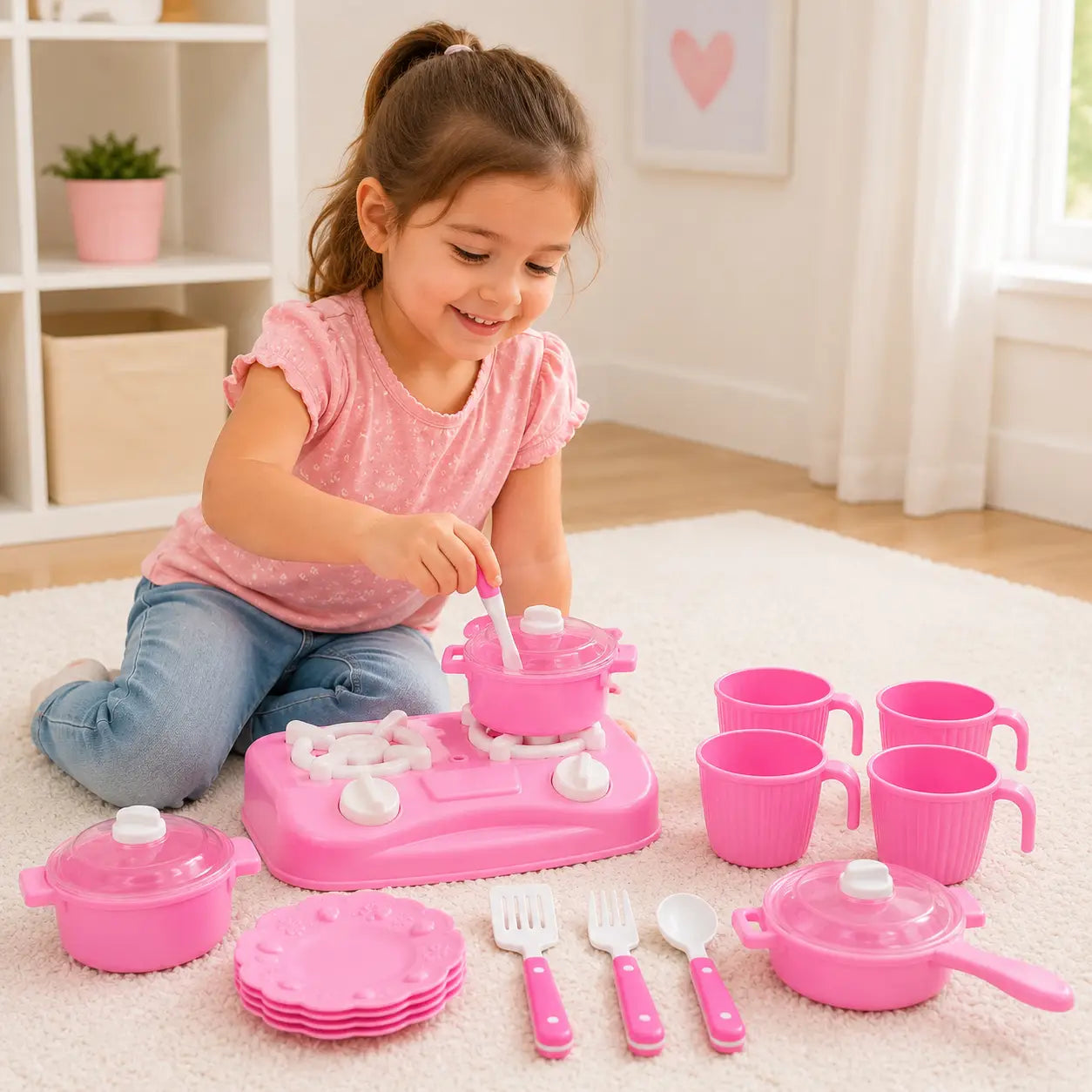 Girl playing with pink Toy Venture Family Kitchen Set with toy stove, pots, cups and utensils