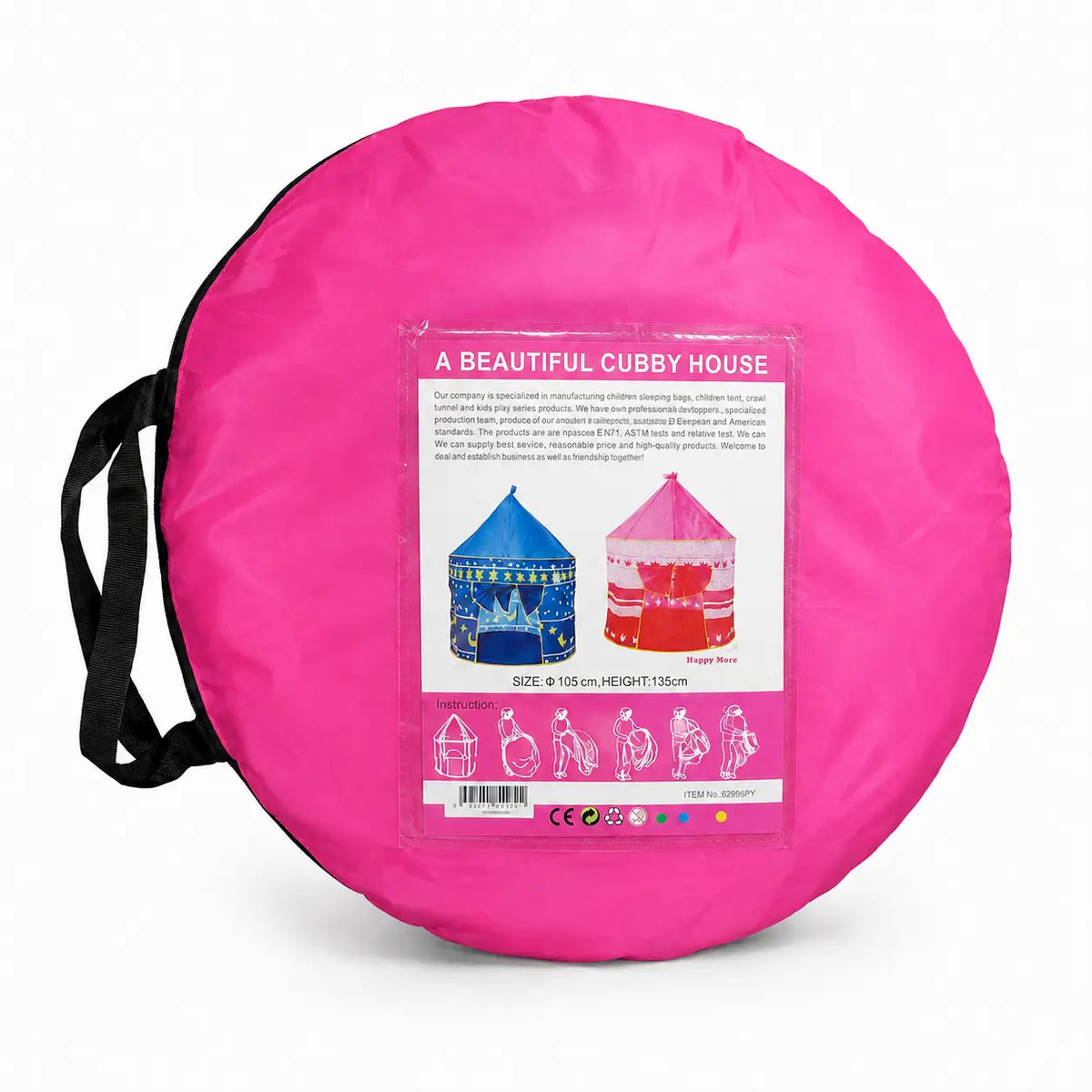 Pink kids cubby house play tent folded in portable round carry bag with product information label