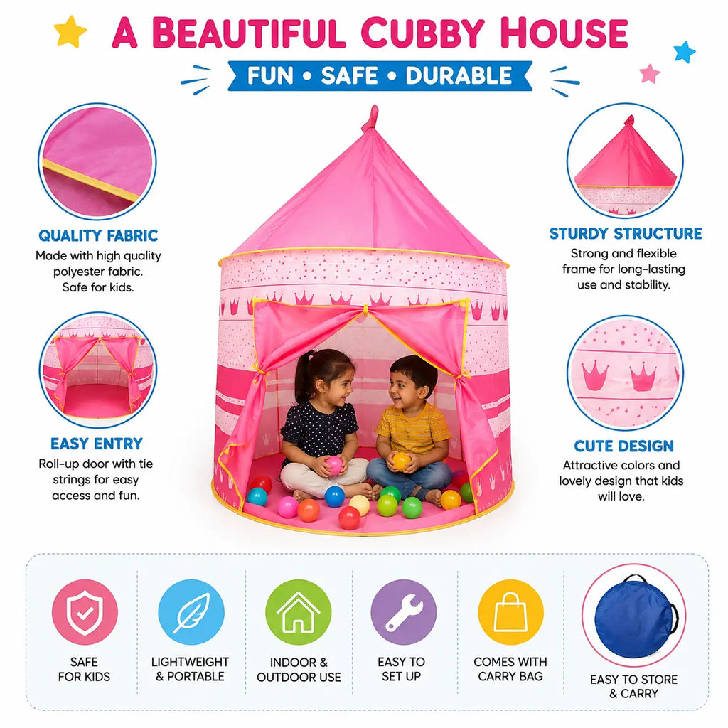 Pink kids cubby house play tent features showing foldable design, easy entry and portable carry bag