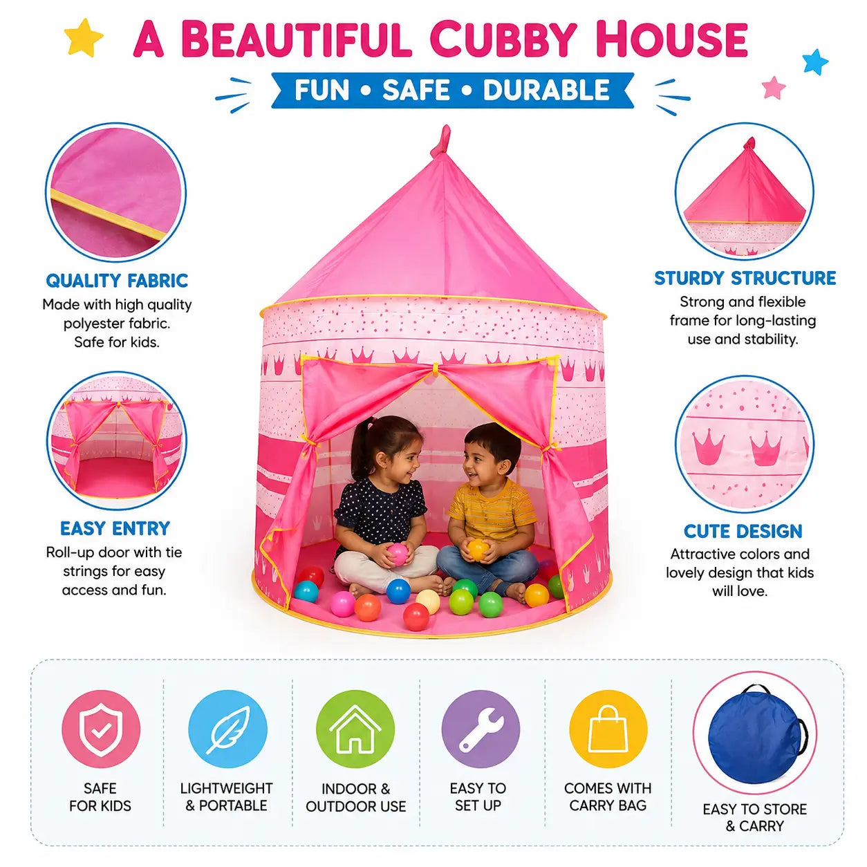 Pink kids cubby house play tent features showing foldable design, easy entry and portable carry bag