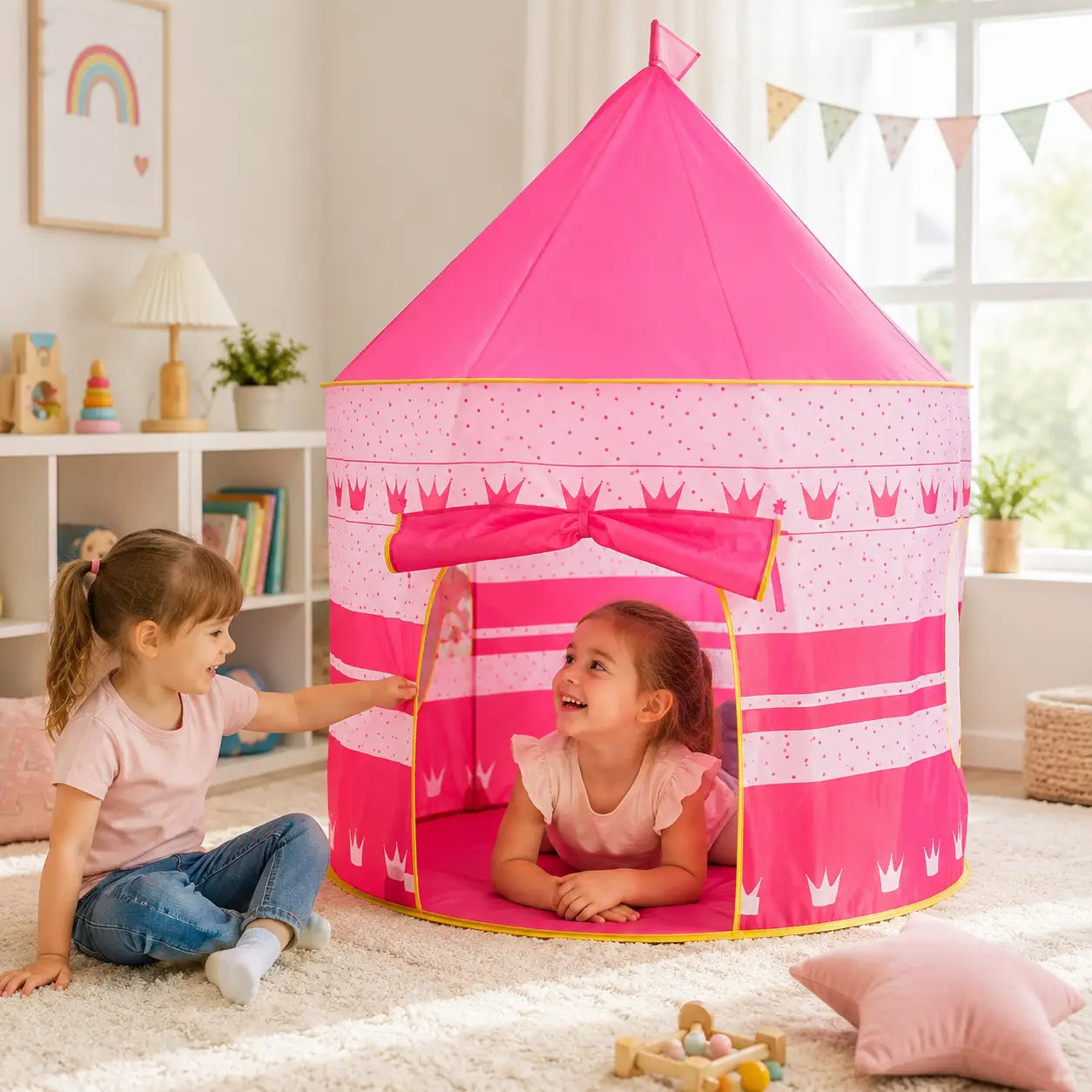 Children playing together inside pink kids cubby house play tent in an indoor playroom